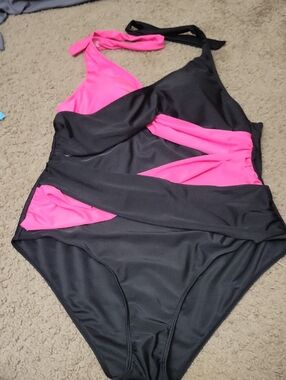 PlusSized Black and Hot Pink Cutout One-Piece Swimsuit